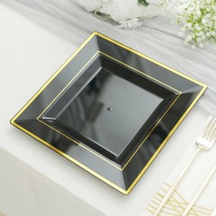 10 Plastic Black 10″ Square Plates with Gold Rim Disposable Party Wedding SALE