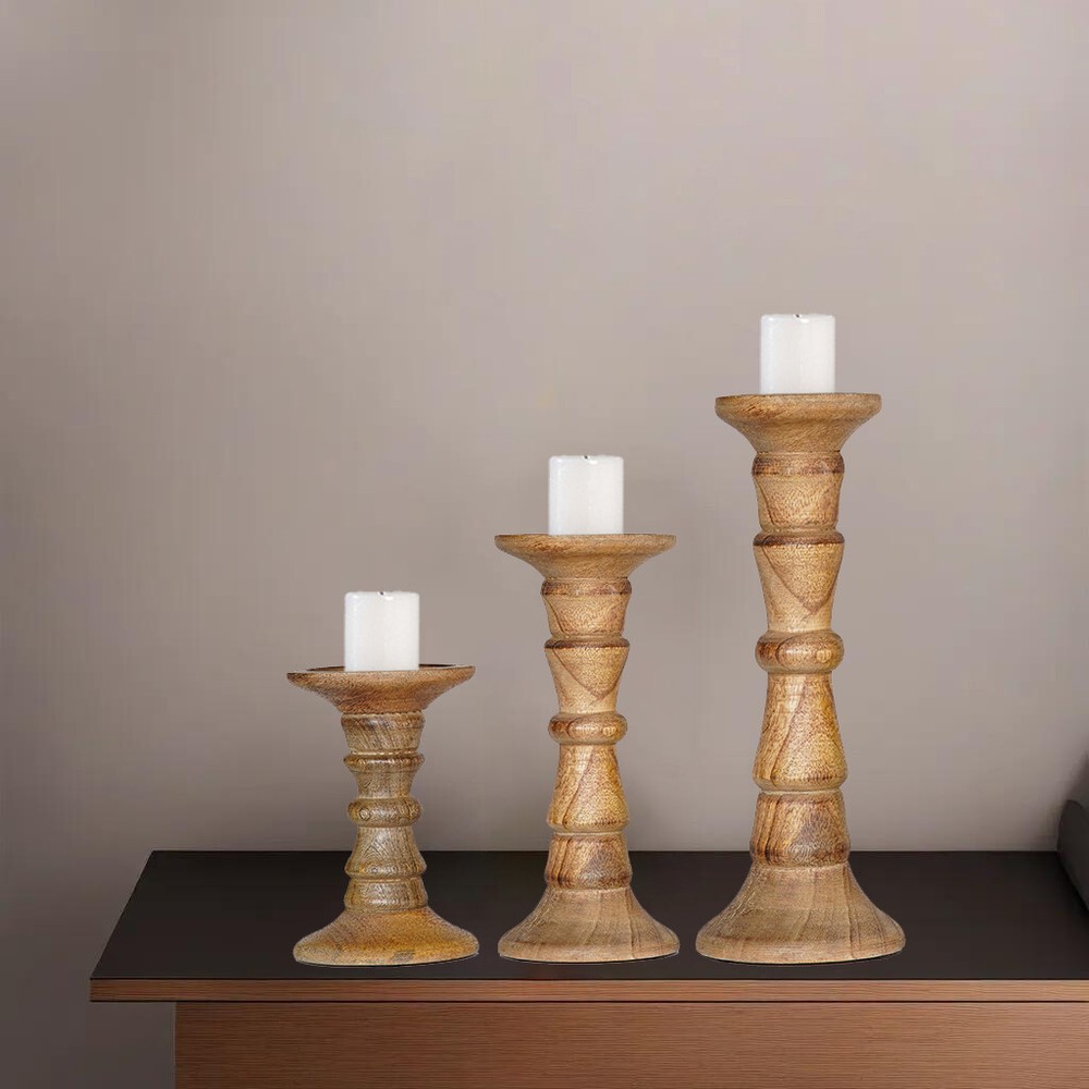 Handmade Eco-Friendly Wallnut Mango Wood Set Of Three Pilllar Candle Holder BBH