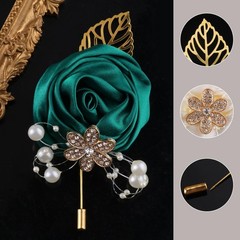 Handcrafted Gold Satin Rose Corsage, Crystal Flower & Pearl Accents, Emerald Gre