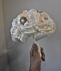 Handmade Satin Rose Ribbon Wedding Bouquet Artificial Bridal Pearls Beads Ivory