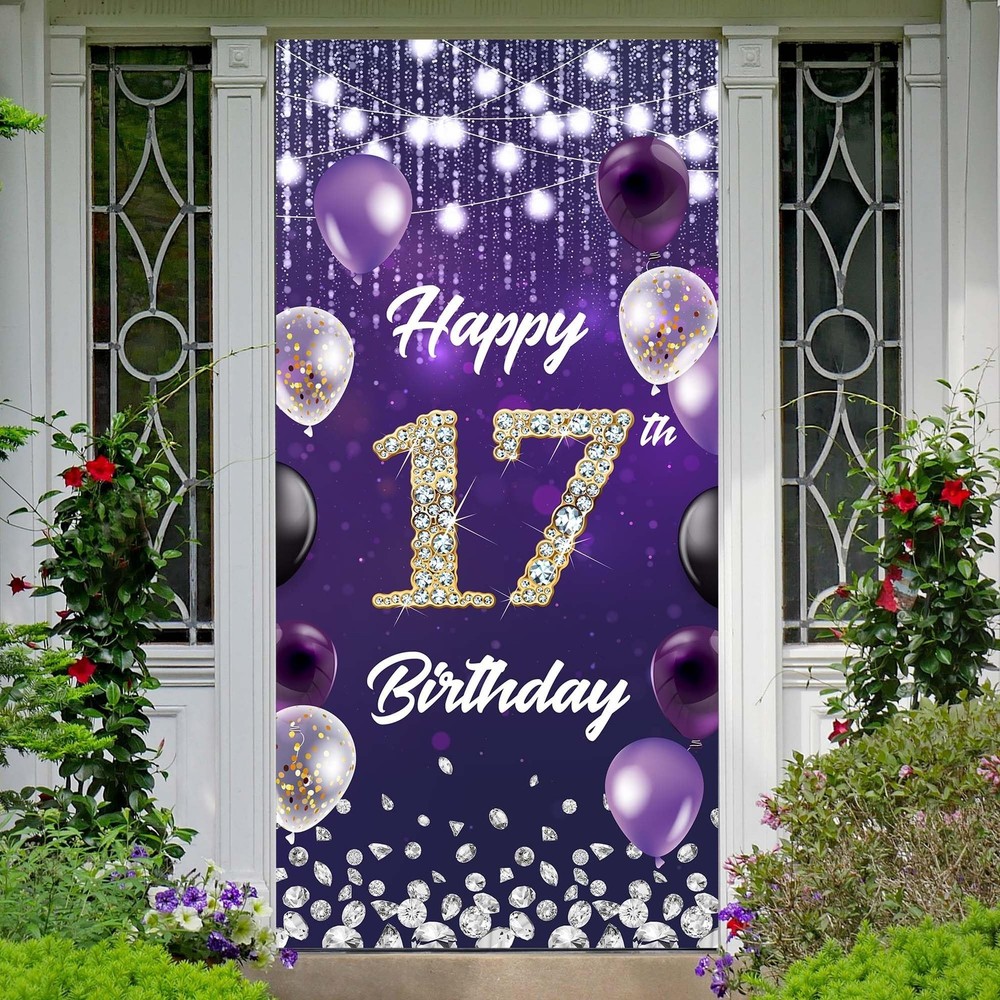 Happy 17th Birthday Backdrop Banner Purple Theme Background with Shiny Diamon…