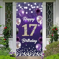 Happy 17th Birthday Backdrop Banner Purple Theme Background with Shiny Diamon…