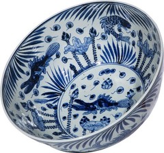 Handcrafted Blue and White Ceramic Fish Bowl for Home Decor
