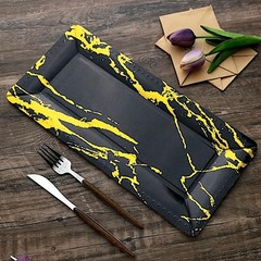 10 pcs 16″ Black Gold long Rectangle Paper Serving Trays Marble Design Tableware