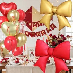 16Pcs Red and Gold Heart Balloons – 38″ Bow Balloons – Champagne Red Gold
