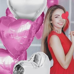 18 Inch, Pack of 10 Heart Shaped Balloons – Big Metallic Foil Pink & Silver