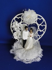 New Vintage African American Dark skin Bride & Groom Heart Wedding CakeTop, #340