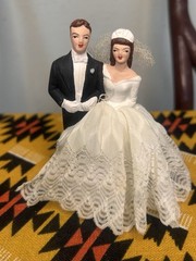 Vintage 1950s Wedding Cake Topper Ceramic Fabric Small Pretty Classic Brunette