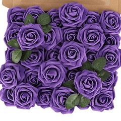Purple Artificial Flowers Fake Roses with Stem Real Touch Soft 30PCS Purple-1