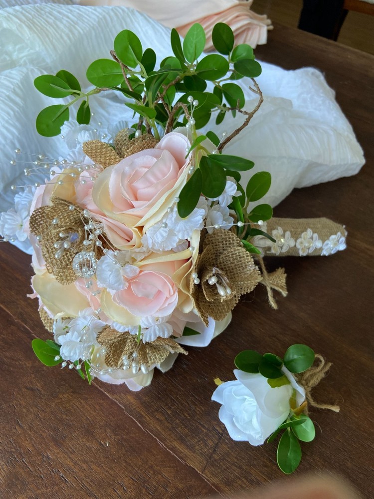Bride Wedding Handmade Bouquet & Boutonniere. Blush pink and white .