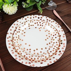 25 WHITE 9″ Round PAPER PLATES ROSE GOLD Polka Dots Party Events Home Tableware