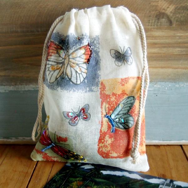 Beaded Embellished 5″ x 7″ Printed Reusable Gift Pouches Drawstring Cotton Bags