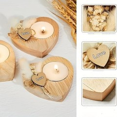 Handmade Heart-Shaped Wooden Candle Holder with White Feather， Natural Soy Wax