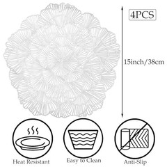 Round Placemats Set of 4 Flower Tablemats Vinyl Metallic Place Mats 4PCS Silver