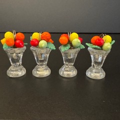 Set Of 4 Vintage Czech Glass Place Card Holder With Fruit Design Topper