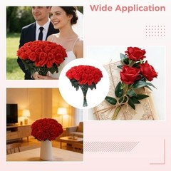50 PCS Artificial Red Roses, Fabric Faux Rose Bulk with Cloth Leaves and
