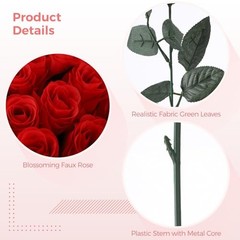 50 PCS Artificial Red Roses, Fabric Faux Rose Bulk with Cloth Leaves and
