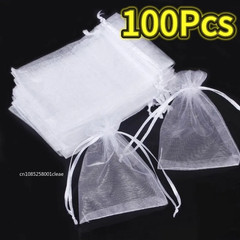 50/100Pcs White Sheer Organza Bags for Wedding Favor with Drawstring, Jewelry Po