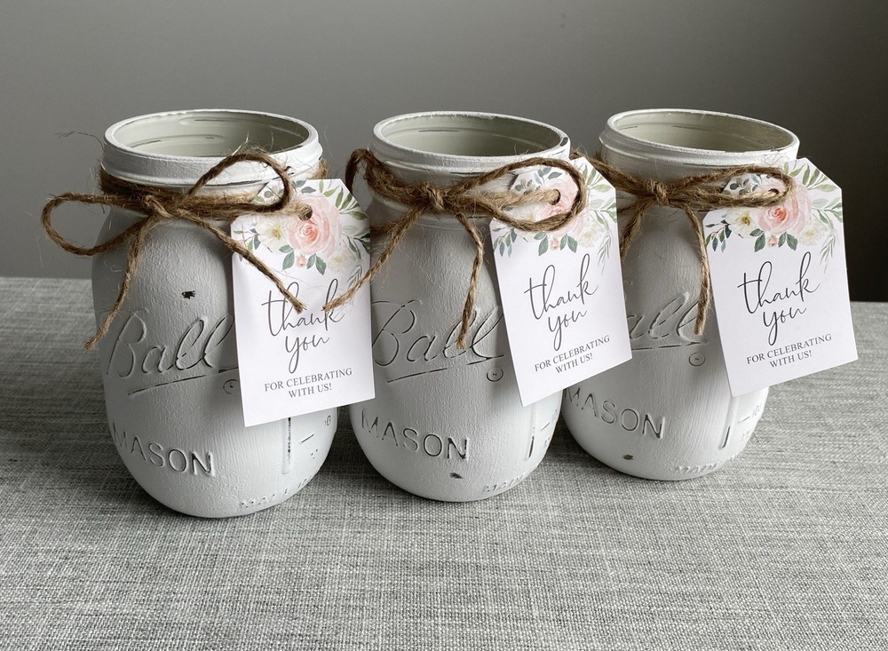 Set of 3 chalk painted distressed white mason jar vases