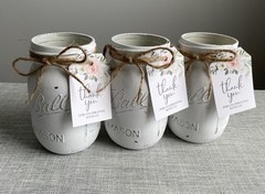 Set of 3 chalk painted distressed white mason jar vases