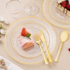 Gold 50-Piece Clear Plastic Plates with Trim for 50 Guests
