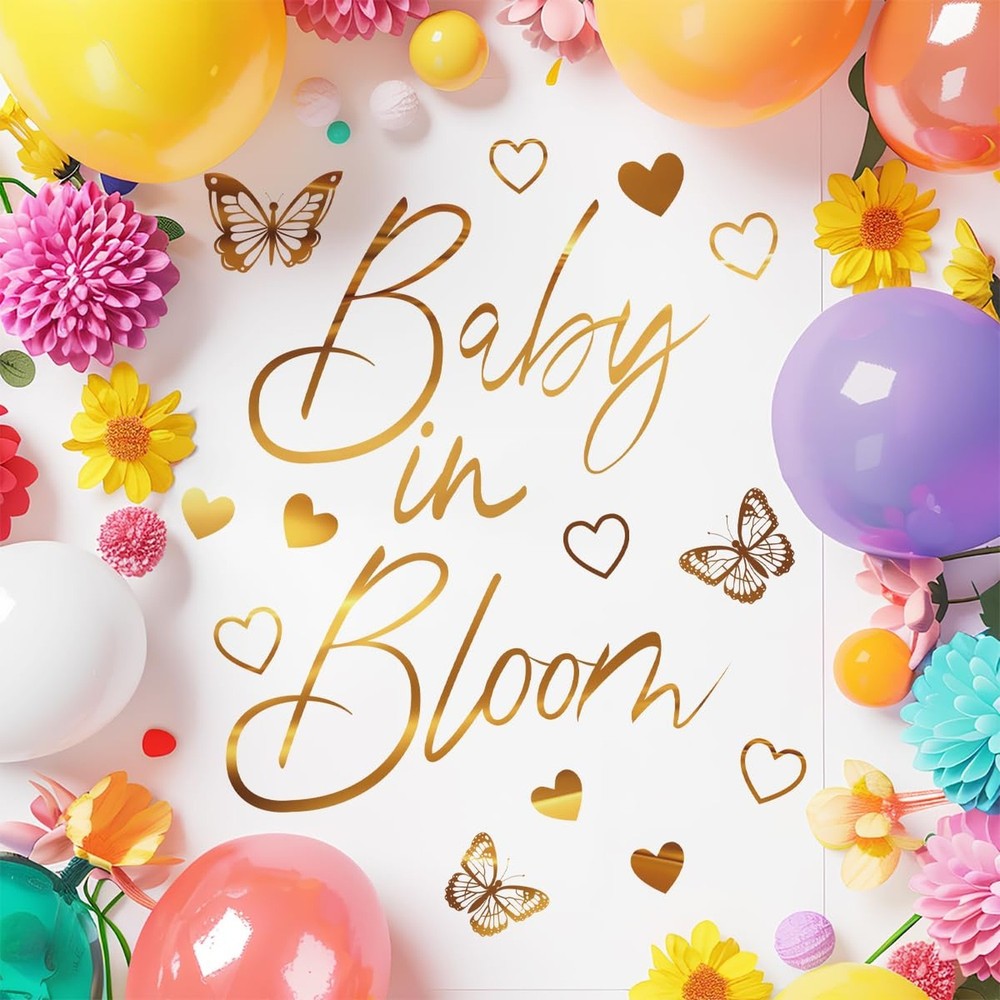 Runtoo Baby Shower Party Decal Sign Baby in Bloom Gold Gender Reveal Neutral …