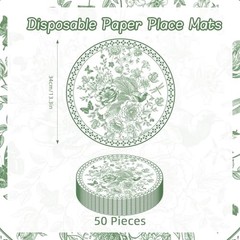 50 Pack Flower Bird Paper Placemats 13.7 Inch Sage Green Floral Greenbird