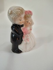 Wedding cake topper Bride & Groom Black Tux White Dress Pink Flowers & Bow…