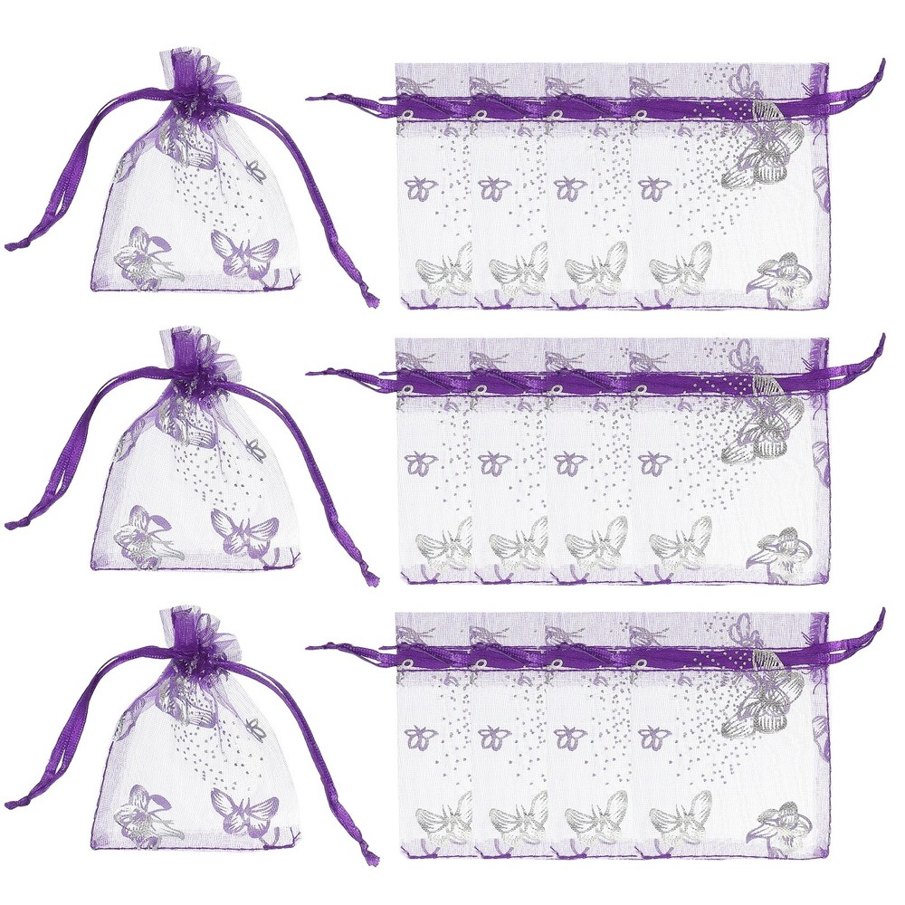 Organza Bags, 100 Pcs 2.8 x 3.5 Inch Butterfly Mesh Pouch, Dark Purple Silver