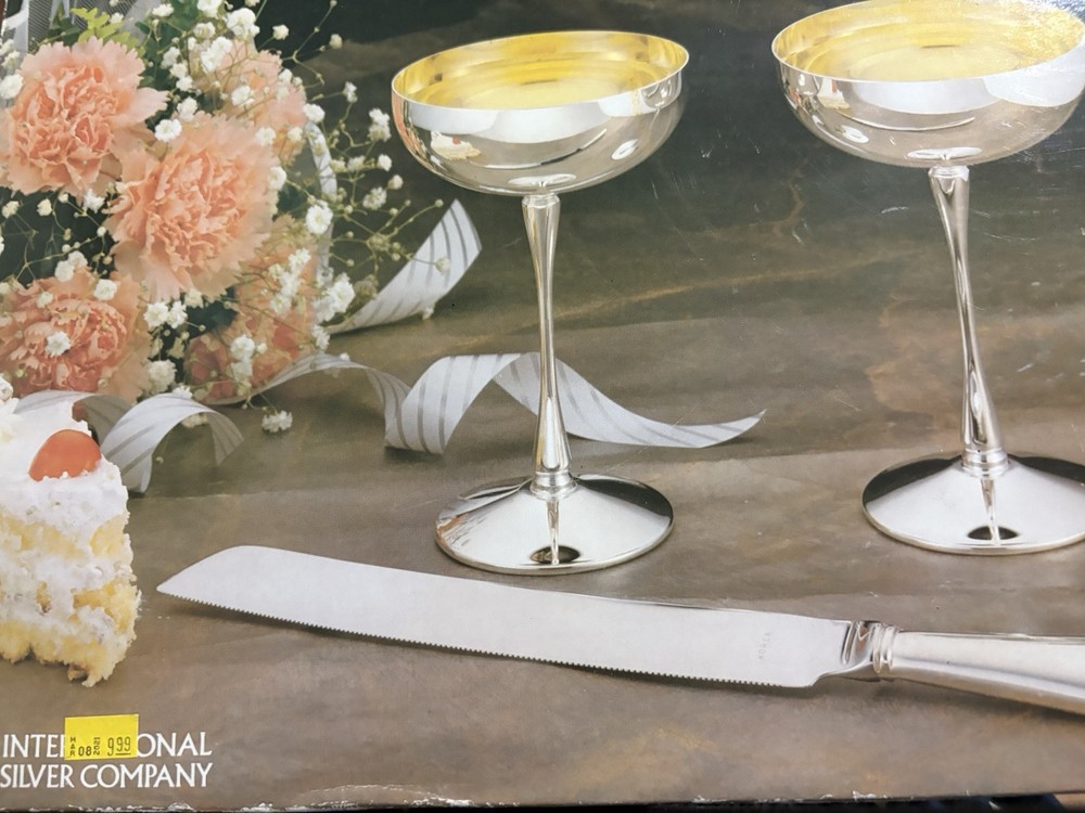 Vintage International Silver Co. Bridal Set Goblets And Cake Knife 1990