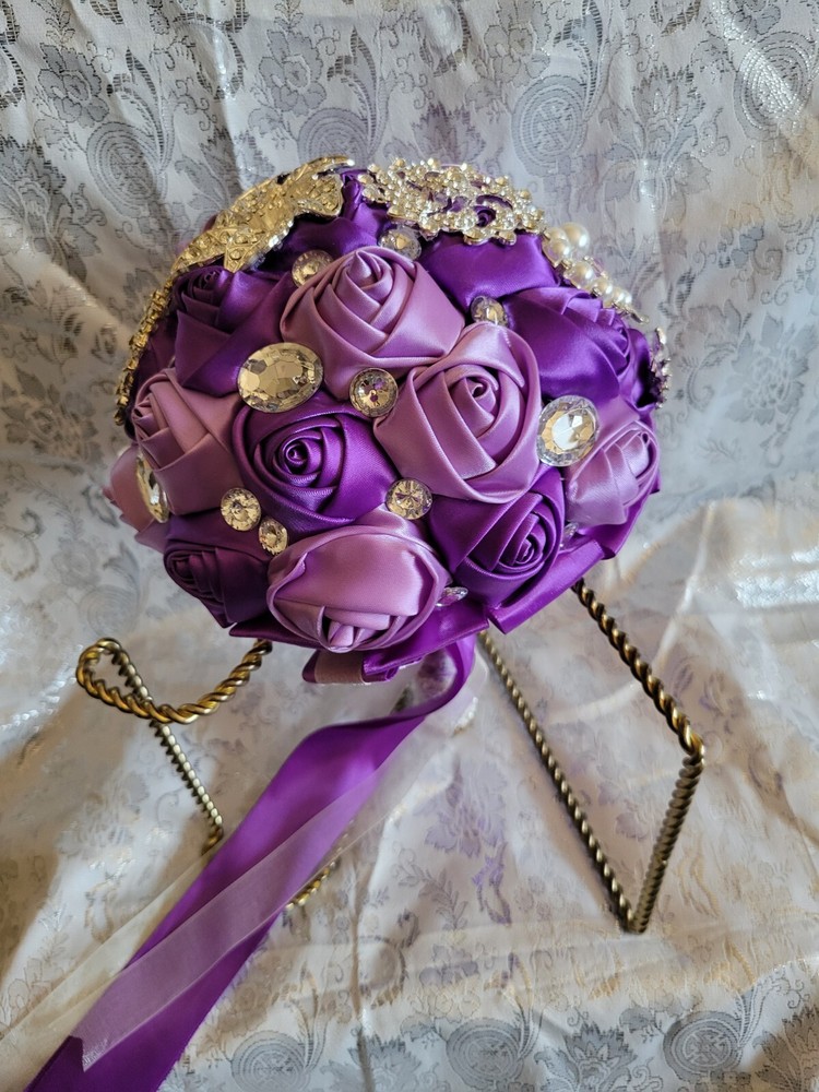 Jewled Light And Dark Purple Wedding Boquet Lots Of Detail.
