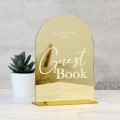 Gold Acrylic Wedding Guest Book Sign W/ Base Rustic Table Decor 5×7 inches New