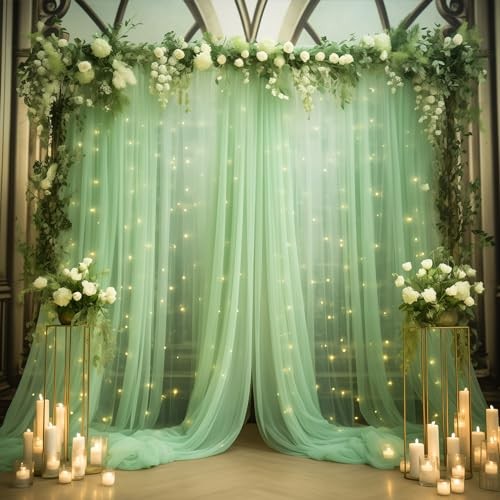 10x8ft Tulle Backdrop Curtain with Lights String 2 Panels(5*8FT) Olive Green