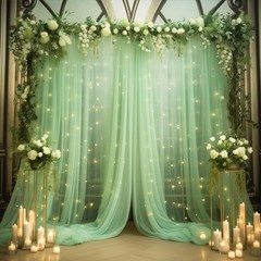 10x8ft Tulle Backdrop Curtain with Lights String 2 Panels(5*8FT) Olive Green