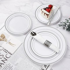 350PCS Plastic Dinnerware Set, Disposable Party Plates for 50 Guests Silver