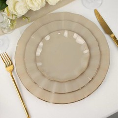 10 TAUPE 11″ Round PLASTIC Salad Dinner PLATES Gold Wavy Rim Wedding Party
