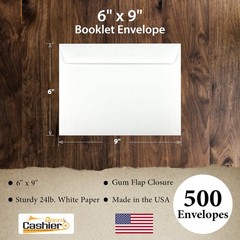 500 Cashier Depot – 6″ x 9″ Booklet Envelopes, 24 lb White Wove Paper, Gummed…
