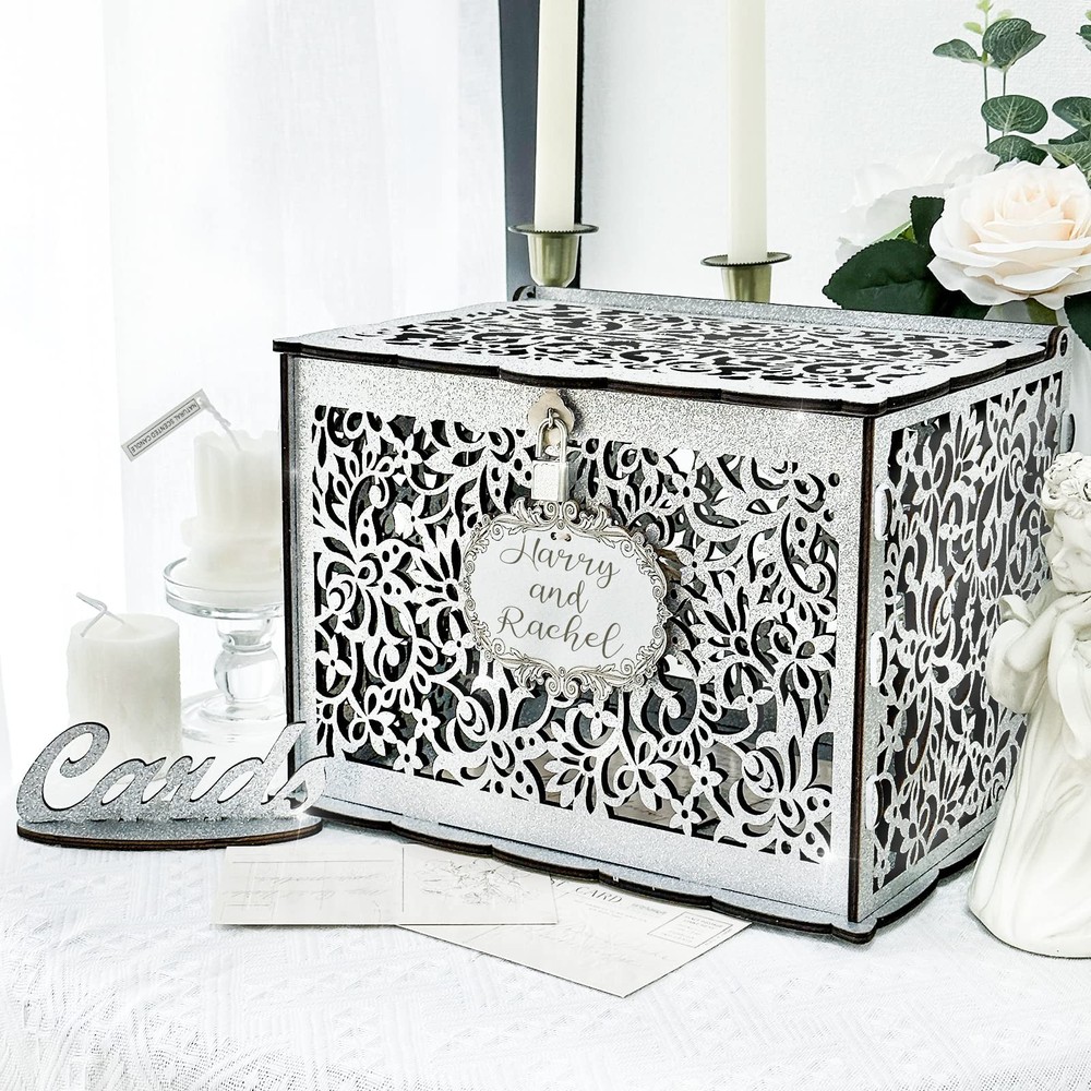 Silver Wedding Card Box with Lock, Wooden Gift Card Box for wedding decoratio…