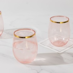 12 pcs 14 oz BLUSH with GOLD Rim Stemless Plastic Wine Glasses Party Supplies