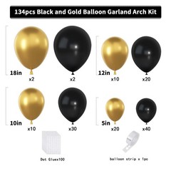 Black and Gold Balloons Garland Arch Kit, 134pcs Black and Metallic Gold Ball…