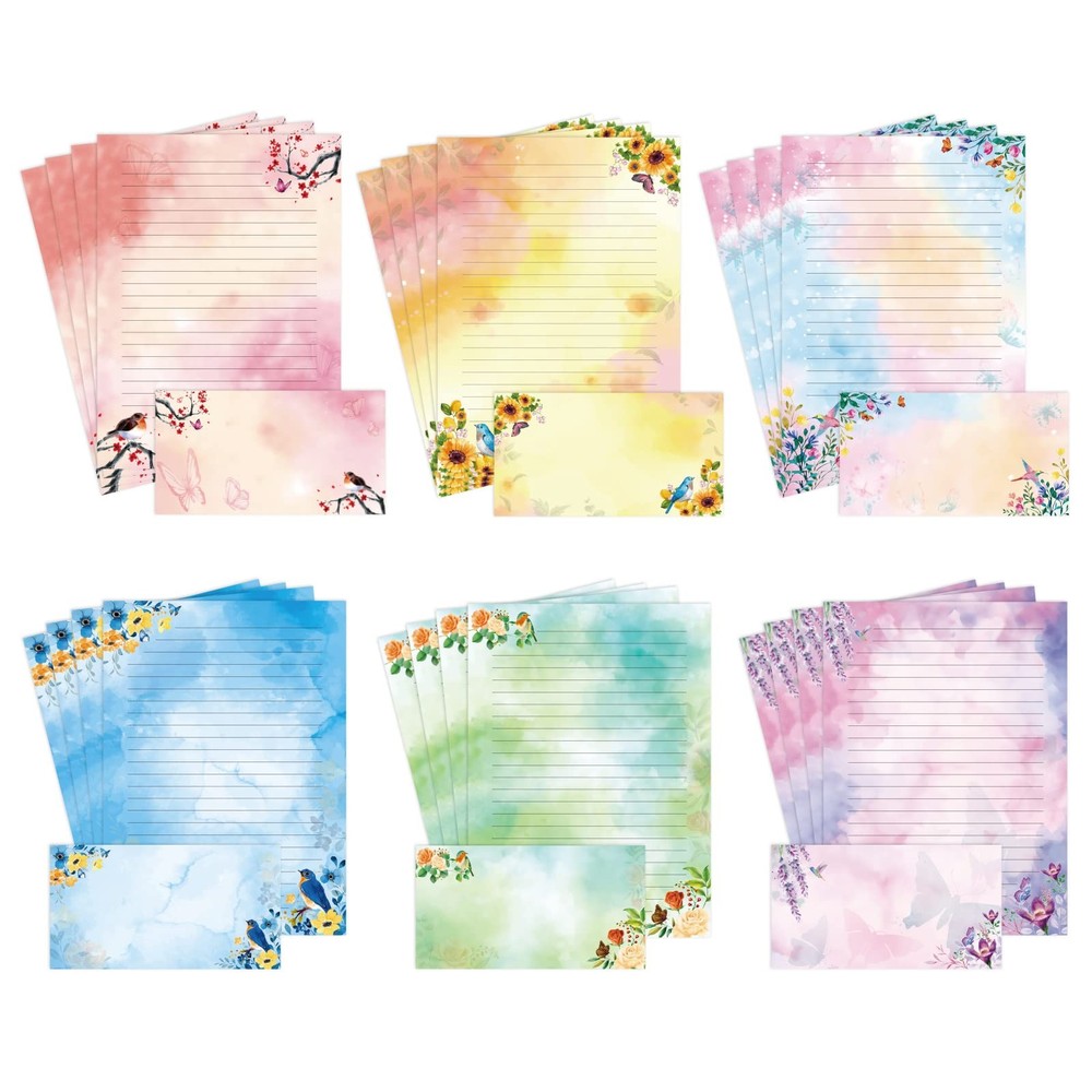 Lined Stationary Paper and Envelopes Set Floral Bird Watercolor Clear