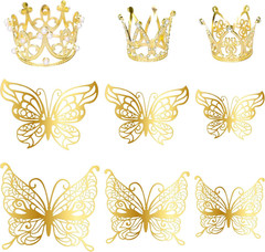 9 Pack Crown Cake Toppers Mini Tiara 3D Gold Butterfly Decoration Vintage Pearl