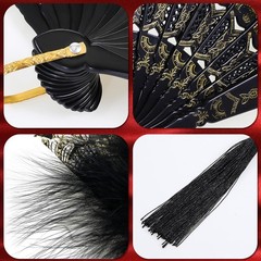 Namalu 2 Pieces Feather Hand Fan Embroidered Flower Marabou 1920s Black