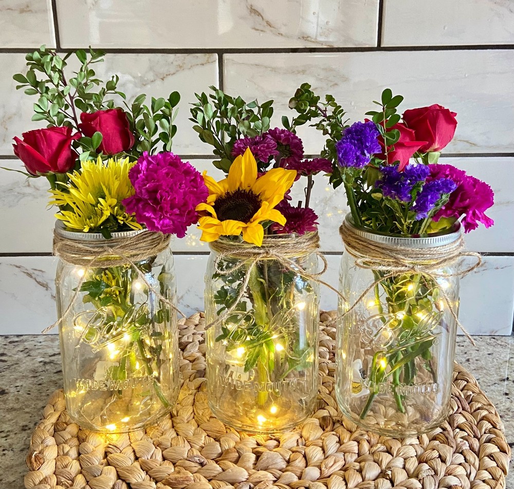 Lighted Mason Jar Vase with Fairy Lights, Rustic Floral Centerpiece