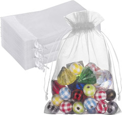 100 Premium Sheer Organza Bags, White Wedding Favor Bags with Drawstring, 5X7