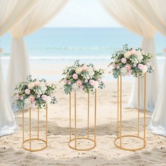 A Set of 3 Cylindrical Flower Racks Gold Party Decor Stand Metal Flower Holder.