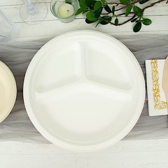 50 Round 10″ WHITE 3-Compartment Sustainable Bagasse DINNER PLATES Party Events