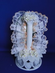 New Vintage Bride & Groom with peach trimmed Arch & bells Wedding CakeTop #187