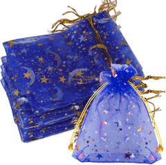100 Pieces Moon Star Organza Jewelry Candy Bags, 2.7×3.5 Inch Sheer Royal Blue O