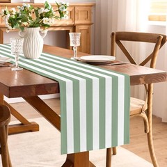 Buxiuer Sage Green and White Cabana Striped Table 13″ x 108″,
